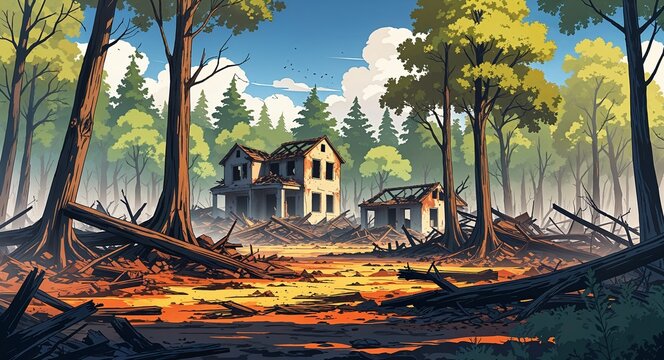A damaged forest with fallen trees scorched earth and burned out ruins of old houses in the background anime cartoon style illustration artwork design background