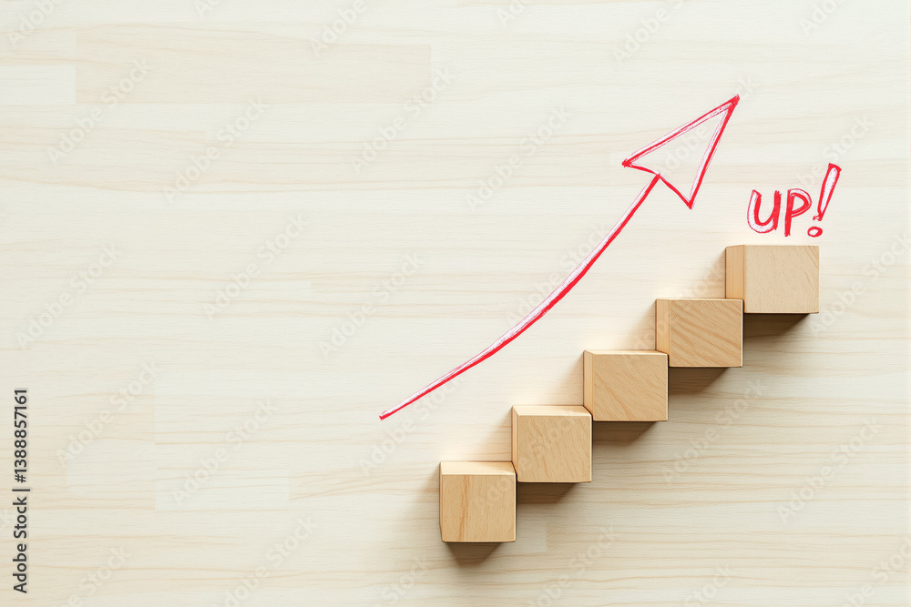 Poster wooden blocks forming a staircase with a red arrow and 