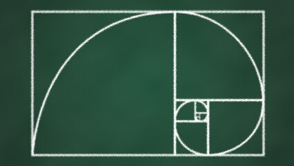 Illustration of the Golden Ratio Drawn with White Chalk on a Green Blackboard