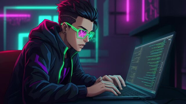 Young individual immersed in coding at night in a futuristic setting with neon lights and stylish attire