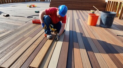 Wpc terrace construction - worker installing wood plastic composite decking boards on outdoor