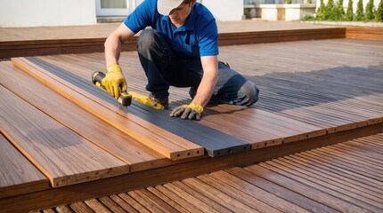 Wpc terrace construction - worker installing wood plastic composite decking boards on outdoor