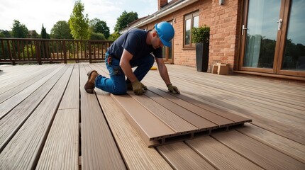 Wpc terrace construction - worker installing wood plastic composite decking boards on outdoor