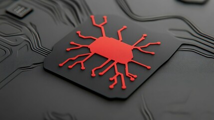 Red Circuitry on Motherboard: Close-up view of a red microchip on a dark gray motherboard, highlighting intricate circuit pathways and technological complexity.