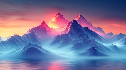 Geometric low-poly landscape with futuristic elements and holographic overlay effects