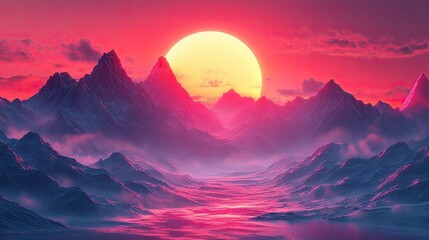 Geometric low-poly landscape with futuristic elements and holographic overlay effects