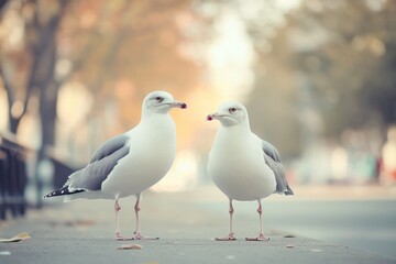 Fototapeta premium Two seagulls facing each other on city sidewalk at sunset