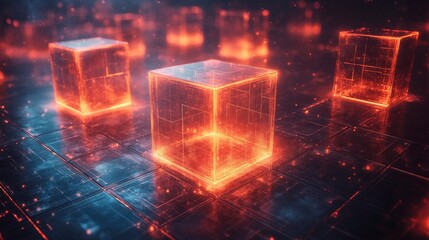 Abstract representation of cloud computing with floating translucent cubes and light beams