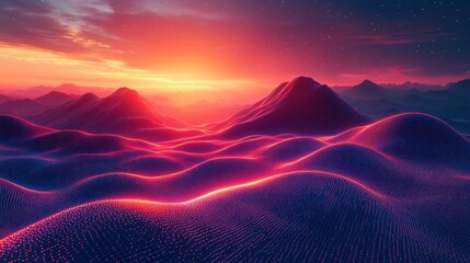 Virtual reality grid landscape with mountains and sunset created from wireframe patterns
