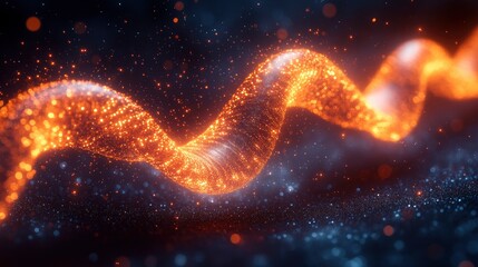 Abstract digital waves forming DNA-like structures with glowing particles in motion