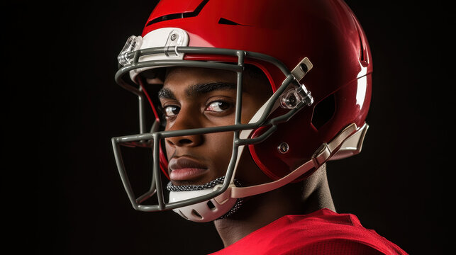 American football player in red helmet and jersey, showcasing determination and focus. athlete intense gaze reflects competitive spirit of sport