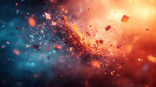 Floating geometric shapes breaking apart into particles with motion blur effects - Powered by Adobe