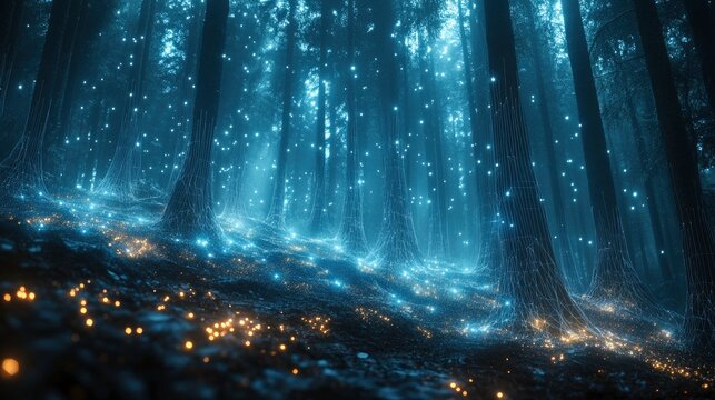 Digital forest made of glowing wireframe trees connected by light streams