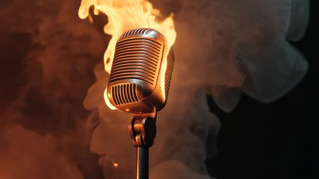 Retro microphone on fire in a concert stage setting