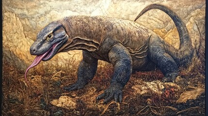 Fototapeta premium Komodo Dragon in Mountainous Landscape, Realistic Artwork, Possible Use Educational or Nature Wallpaper