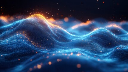 Digital ocean waves made of flowing data streams and particle effects