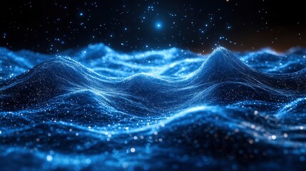Digital ocean waves made of flowing data streams and particle effects
