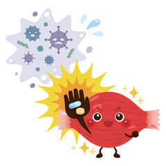 ウイルスを薬剤で治療して元気になる筋肉のキャラクターイラスト