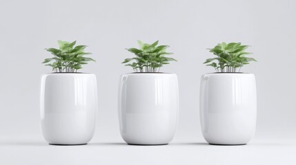 Three potted plants minimalist style high resolution studio lighting centered, neutral textures, peaceful display, white background, clean serene mood, ideal for home decor websites.