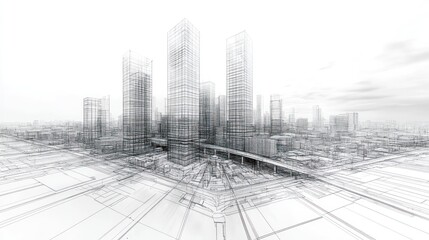 Architectural Wireframe Cityscape: A Modern Metropolis in Blueprint