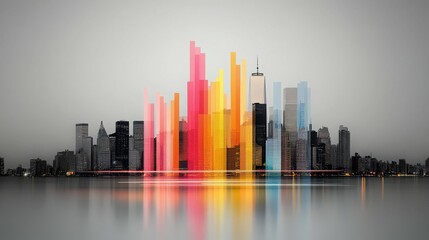 Fototapeta premium Cityscape Symphony: A vibrant cityscape bursts with color, symbolizing innovation, growth, and the dynamic energy of urban life with reflections.