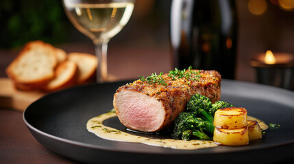 beautifully plated dish featuring succulent meat, vibrant green broccoli, and golden potatoes, all elegantly arranged dark plate. setting includes glass of white wine and soft lighting