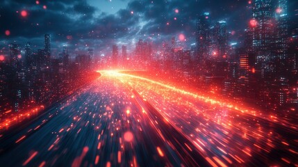 Fototapeta premium Futuristic transportation system with light trails in digital city