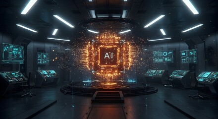 Artificial Intelligence Concept with Glowing Symbol in a Futuristic Control Room