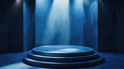 A tranquil, dark blue room with dramatic lighting, medal podium bathed in spotlights 