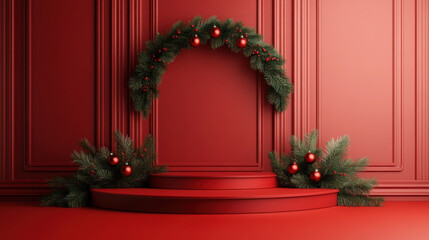 festive Christmas podium adorned with lush green pine garlands and red ornaments, set against rich red wall, creates warm and inviting atmosphere for holiday celebrations