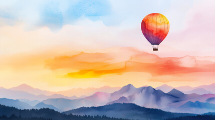 vibrant hot air balloon floats above majestic mountains during stunning sunset, creating serene and picturesque landscape
