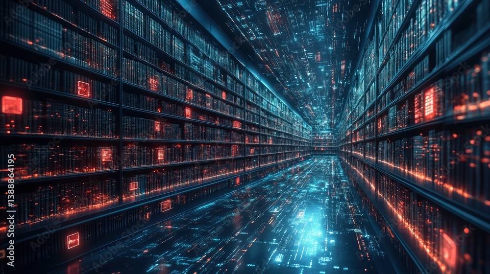 Wall mural futuristic digital library with floating books and data streams