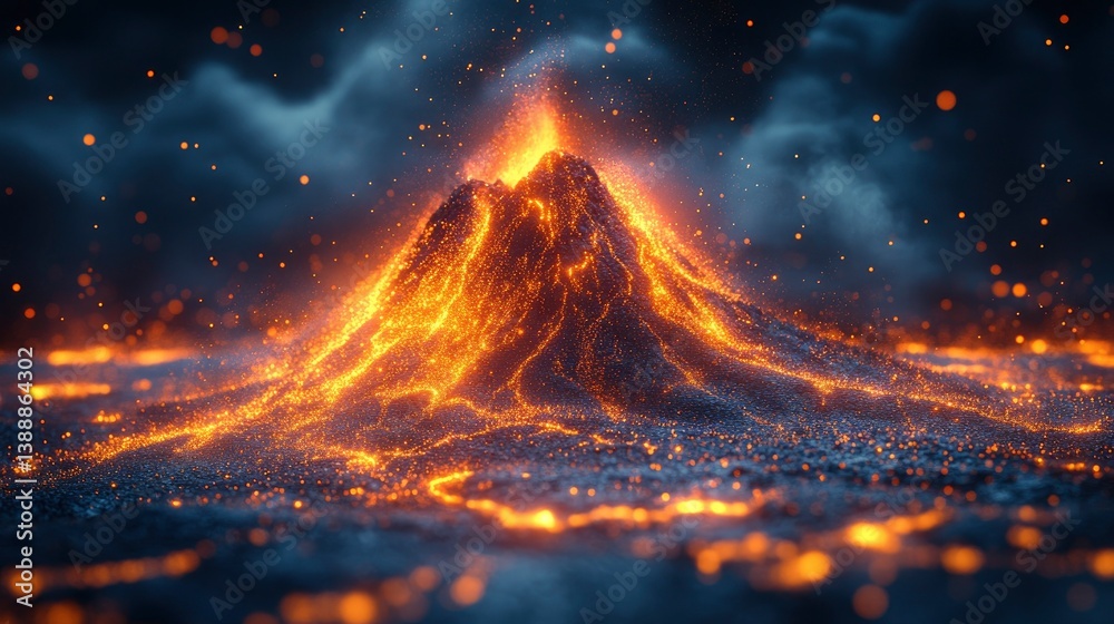 Wall mural digital volcano erupting with particle effects and data streams