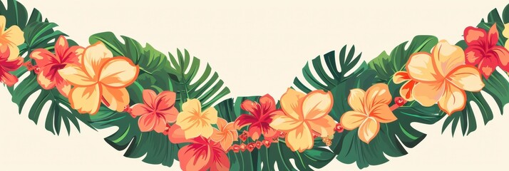 Hawaiian lei celebration featuring tropical flowers and leaves design for festive occasions. Horizontal banner. Copy space. Flat illustration. International day of the tropics