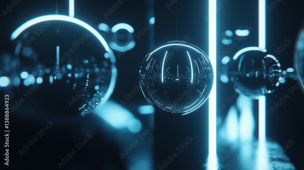 Poster Floating holographic spheres create a serene atmosphere in a futuristic digital environment with glowing reflections and minimalistic design