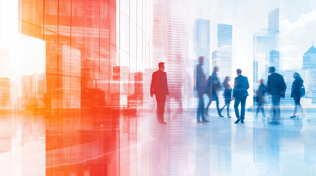 Business people in modern cityscape, silhouettes against vibrant backdrop, conveying sense of collaboration and innovation