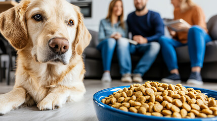 golden retriever lies in foreground, gazing at bowl of dog food while couple sits on couch in background, enjoying their time together