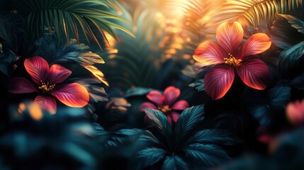 Fototapeta premium Digital jungle with geometric plants and glowing elements