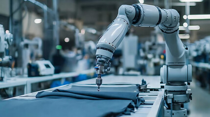 A robotic arm in a cutting edge fashion production facility, surrounded by fabrics, cutting tools