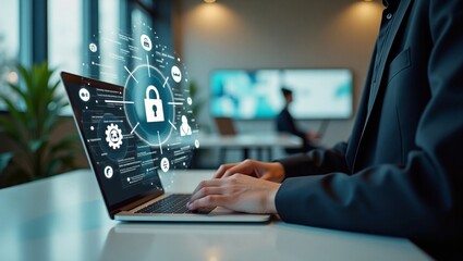 Typing on Laptop with Data Security Graphics for Cybersecurity Protection