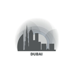 Fototapeta premium Arab Emirates Dubai skyline, grayscale landscape image at sunrise, sunset. Panorama, horizon with buildings, cityscape vector flat icon, logo