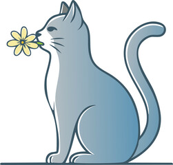 Naklejka premium Vector Minimalist Cartoon Cat in Blue-Gray Sniffing Yellow Flower with Playful Children's Book Art Style