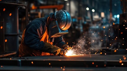 Man Welding Metal with Protective Gear in Industrial Setting Workshop