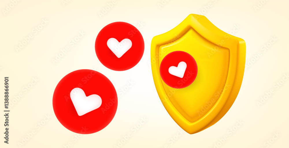 Poster yellow shield with red hearts. 3d vector banner with copy space