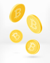 Golden bitcoins falling down. 3d vector concept