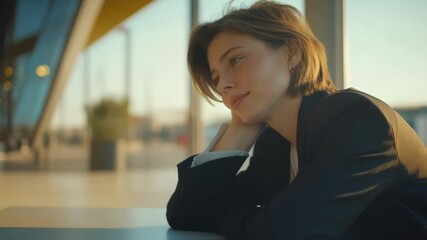 A young leader with a thoughtful smile leans slightly forward resting their elbow on a table as they engage with unseen listeners while the elegant lines of modern public structures