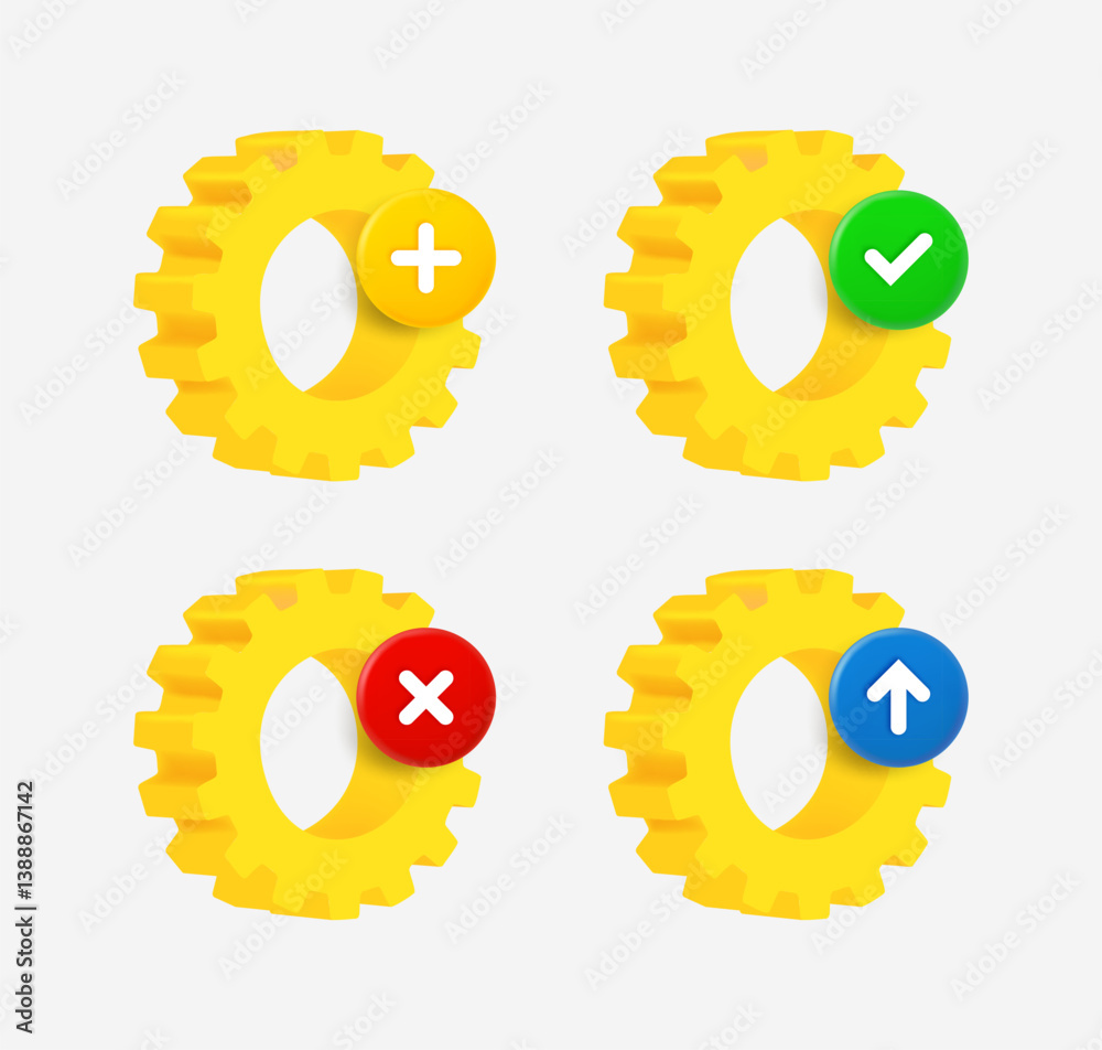 Poster gear icon set with different pictograms. 3d vector icons collection