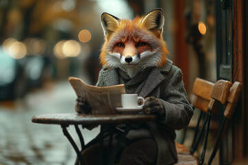 Stylish Fox Gentleman Reading Newspaper at Café