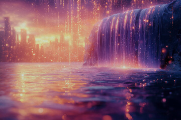 Fantasy Waterfall and City of Light Painted on Watercolor Paper