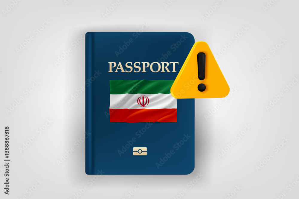 Poster passport with flag of iran and exclamaion sign. low energy concept. vector 3d illustration